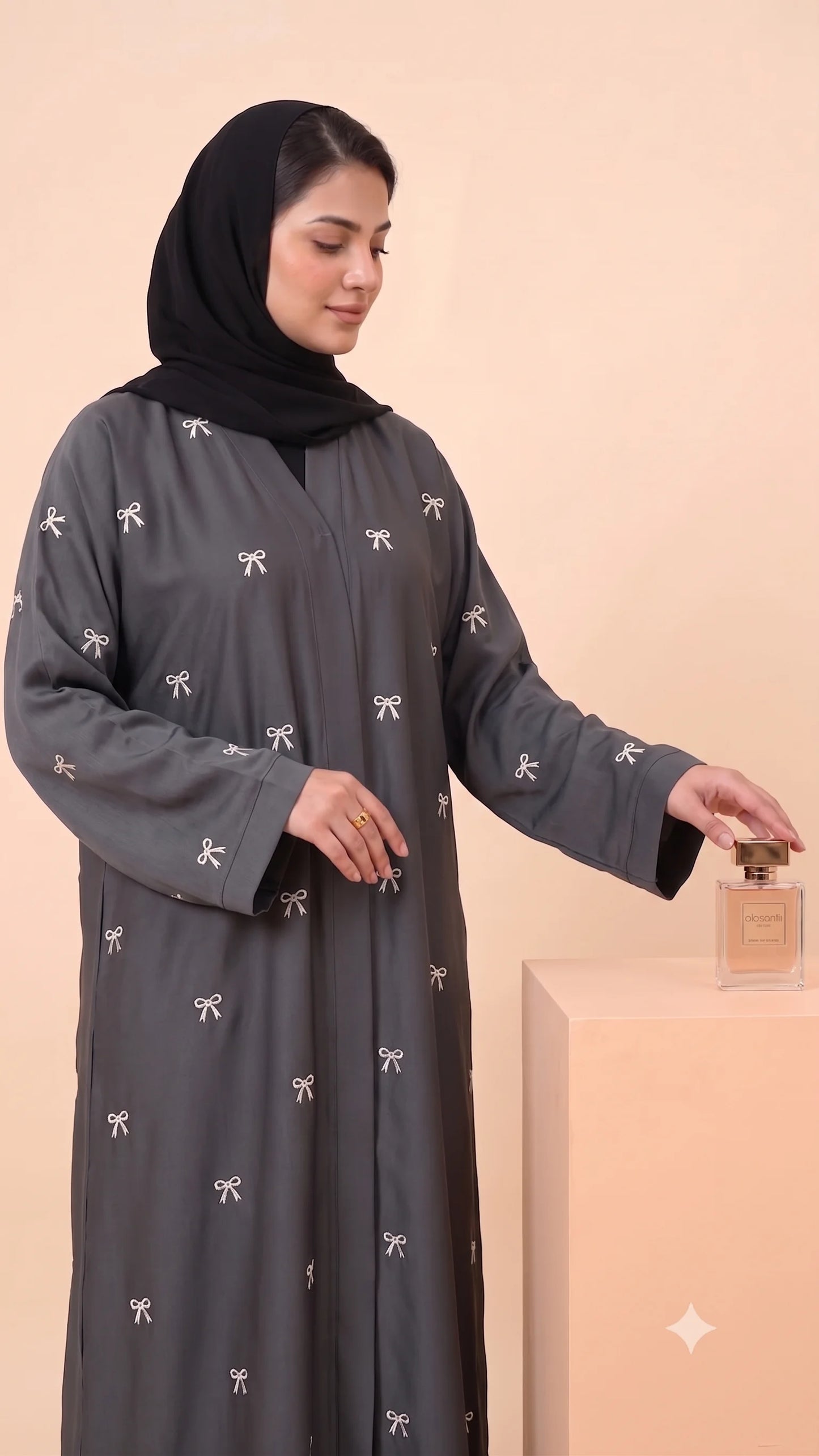 Bow Drop Abaya - Grey