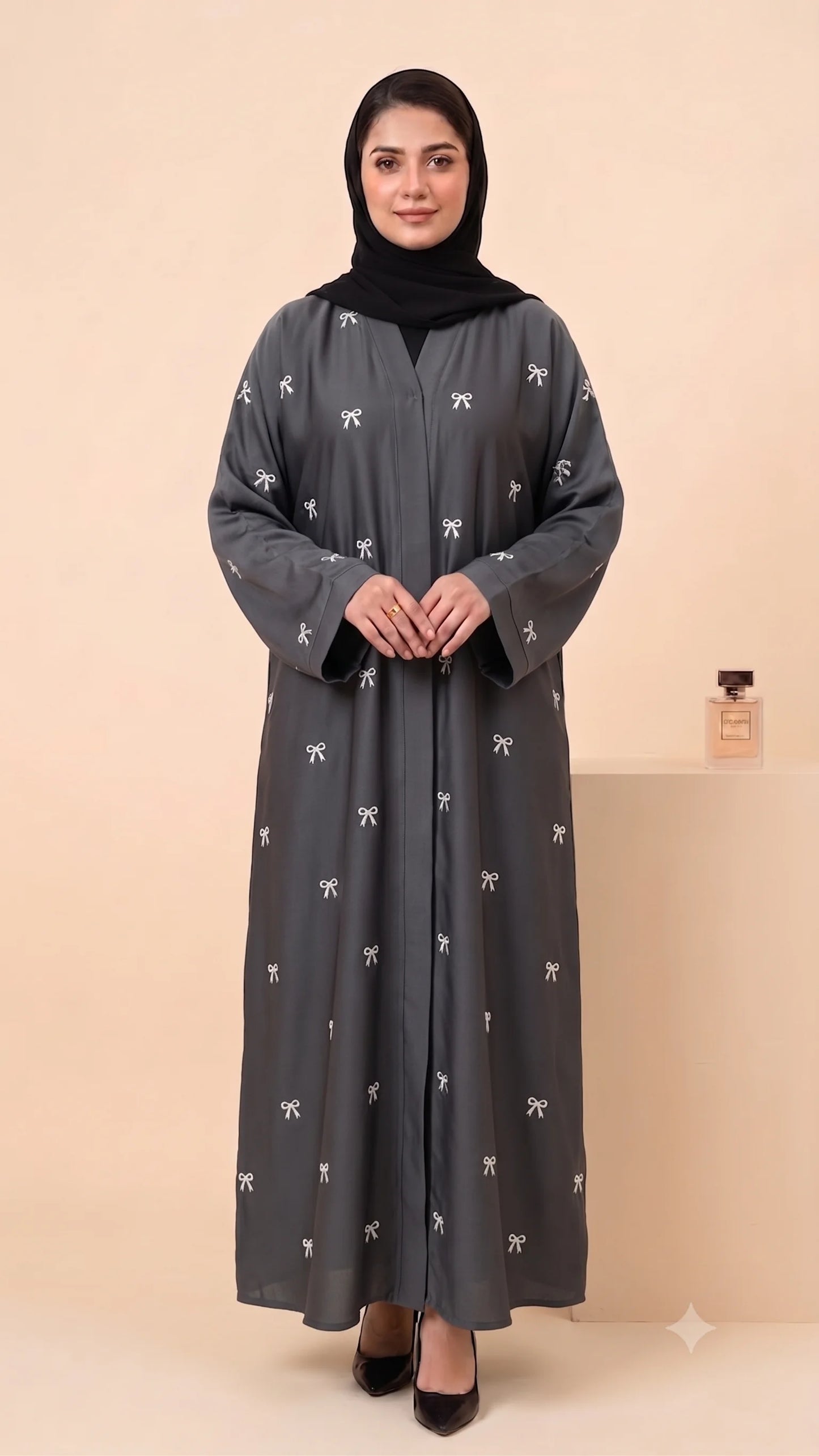 Bow Drop Abaya - Grey