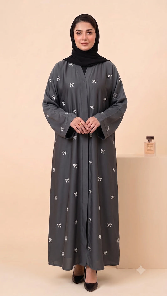 Bow Drop Abaya - Grey